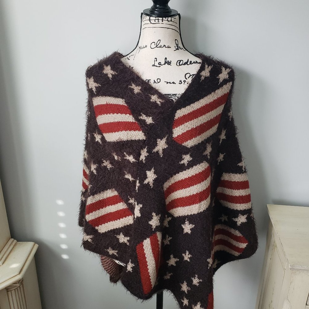 Super Soft Cashmere Feel Sweater Poncho Flag Stars Stripes One Size